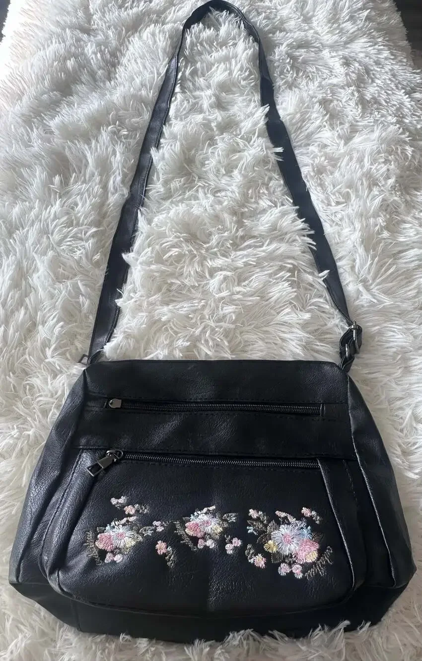 Faux Leather Black Floral Embroidered Multi-Zip Crossbody Bag